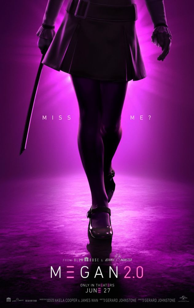 M3gan 2.0 poster featuring M3gan’s lower body and her hand holding a blade.
