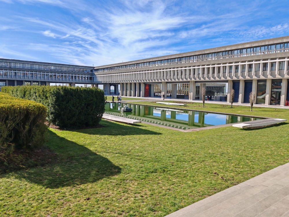 the Academic Quadrangle Reflection Pond on a sunny day
