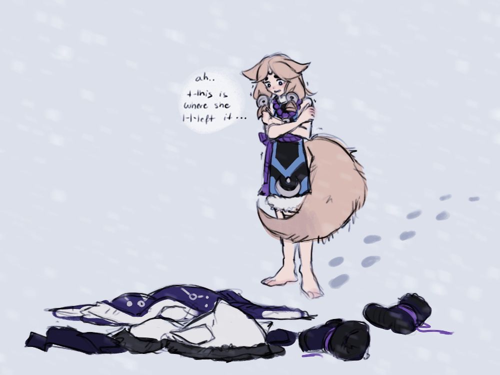 sketch of Aurora standing in front of her coat that is laying on the ground. "ah.. t-this is where she l-l-left it.." she says as she is freezing