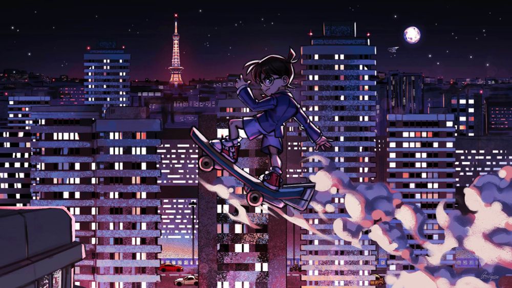 fan art of Conan Edogawa from Detective Conan, riding his skateboard through the air in nighttime tokyo