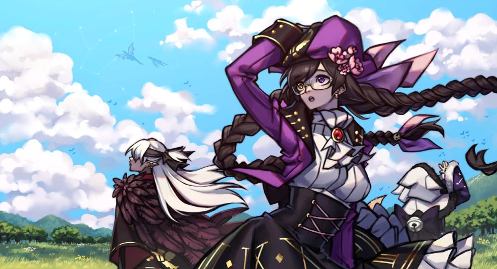 Cordelia, Varon and Aurora standing around in the middle of a grassy field and surrounded by big clouds and a beautiful blue sky. Their hair is carried by a mild wind, and there are birds and dragons flying around in the distance. 
