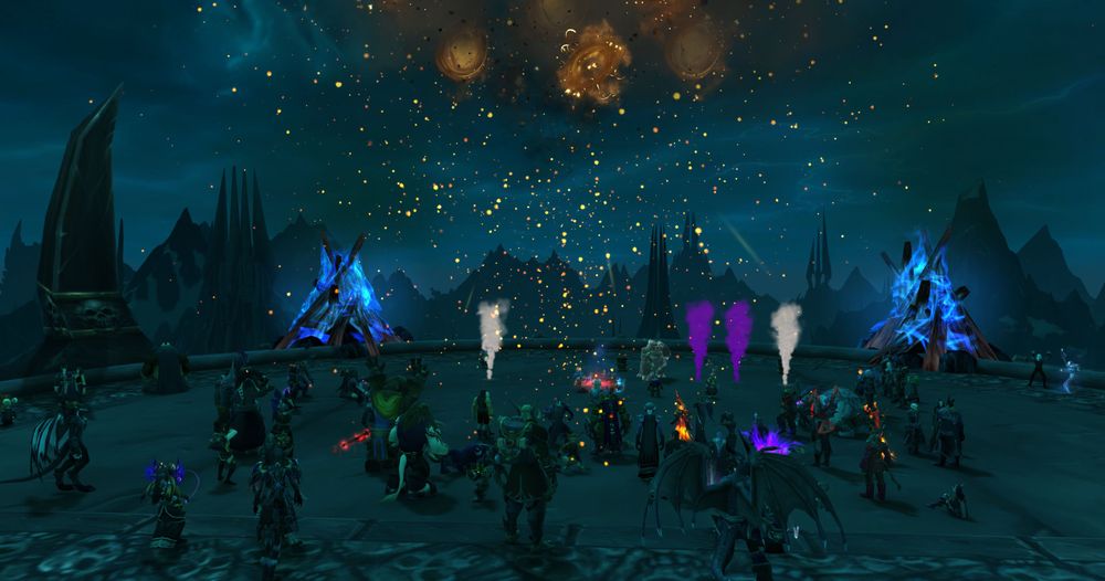 A metal music festival with lots of fireworks. A crowd of different races (roleplayers) from World of Warcraft have gathered to watch a band perform!