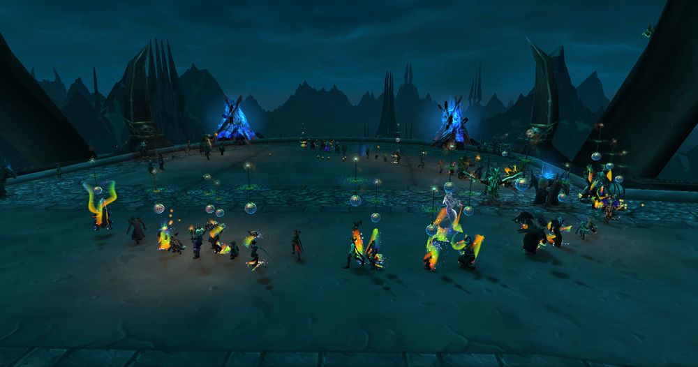 A crowd of different races (roleplayers) from World of Warcraft have lined up to form a train to dance along with "Crazy Train" song!