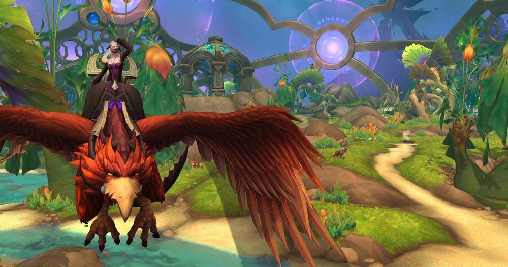 A cheering draenei riding a large orange-red bird. The bird was a reward from helping with the eco-dome and restore the fauna of the planet, which can be seen in the background.