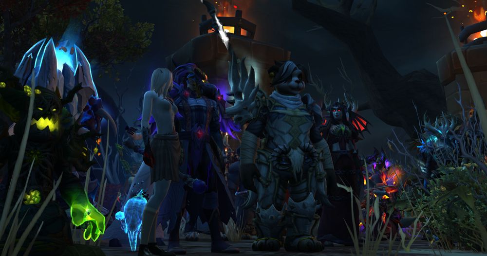 Different (WoW) races in spooky costumes participating in Hallow's End Celebration - waiting for their turn in costume contest!