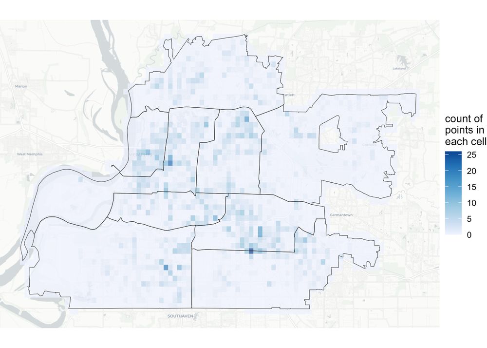 A grid-based map of Memphis showing counts of robberies in each cell, shaded from light to dark blue. Most cells have low counts, with only a few small clusters reaching 20–25 points.