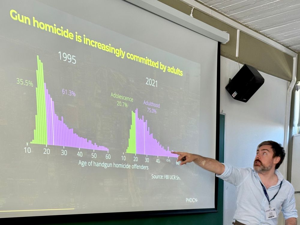 A man pointing at a presentation slide that shows two charts. The left-hand chart shows that in 1995 a large proportion of homicide offenders in the US were adolescents, while in the 2021 homicide spike a much larger proportion of offenders were adults. 