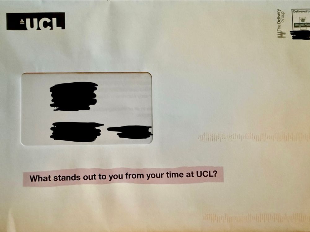 An envelope bearing the UCL logo and the text “What stands out to you from your time at UCL?”