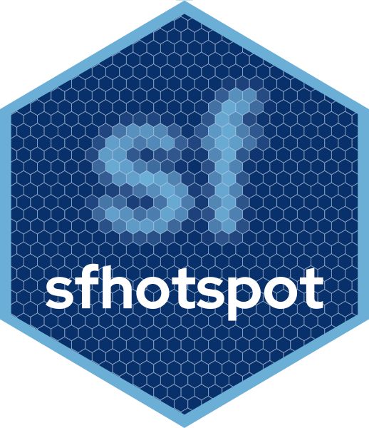 A blue hexagon on a white background. Inside the hexagon is a grid of much smaller hexagons. Most of these are dark blue, but some of the small hexagons are lighter blue and spell out the letters SF. On top of the grid is the text sfhotspot.