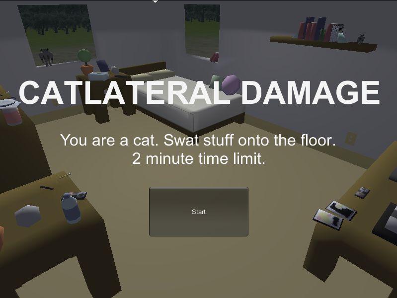 The title screen for the prototype, with the name "CATLATERAL DAMAGE" and the instructions "You are a cat. Swat stuff onto the floor. 2 minute time limit."