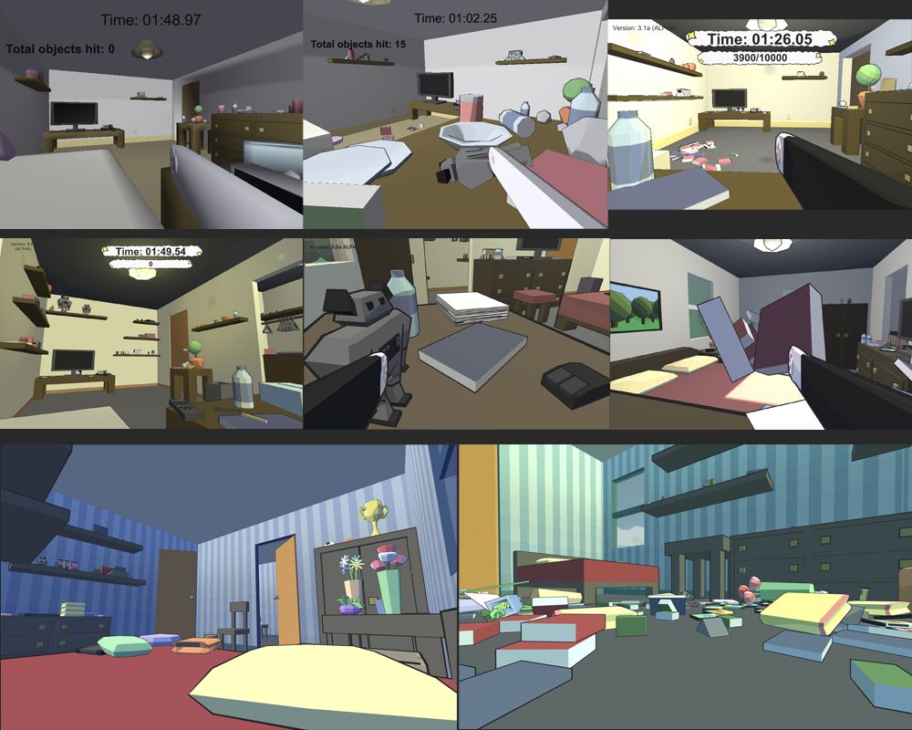 A collage of screenshots, ranging from the original prototype, to various improved versions, and finally a couple shots from the final, release version of the game. The primary visual improvements are mesh detail and toon shading
