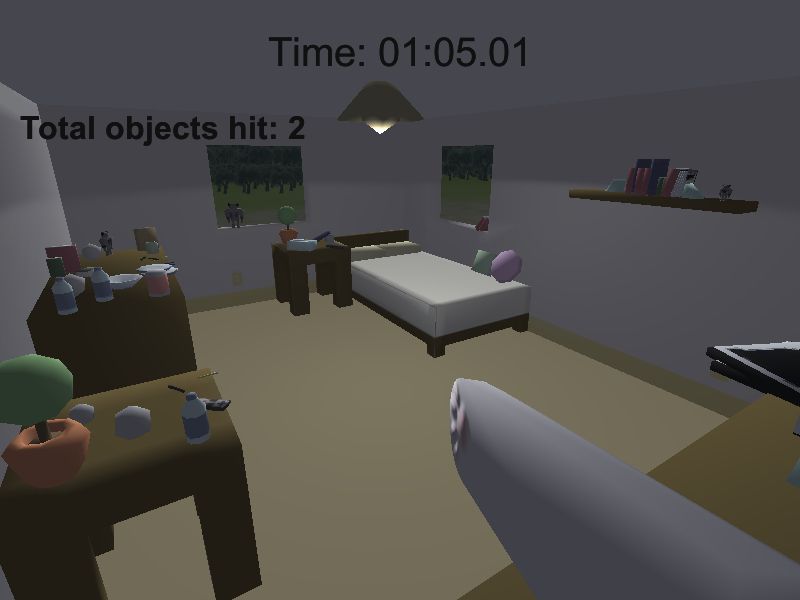 A gameplay screenshot of the prototype with a permanently outstretched paw and a view into a single bedroom. The shading of scene is flat, with simple color textures (before the final toon shader was implemented)