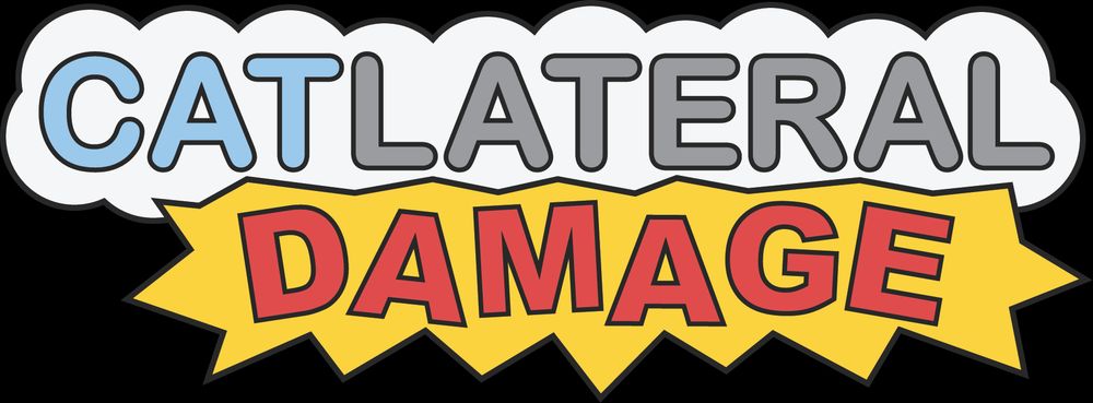 The original flat and very cartoony logo, with the word "Catlateral" surrounded by a cloud and "Damage" surrounded by an explosion. "Cat" is blue and "-lateral" is grey to reinforce that it's a cat game.