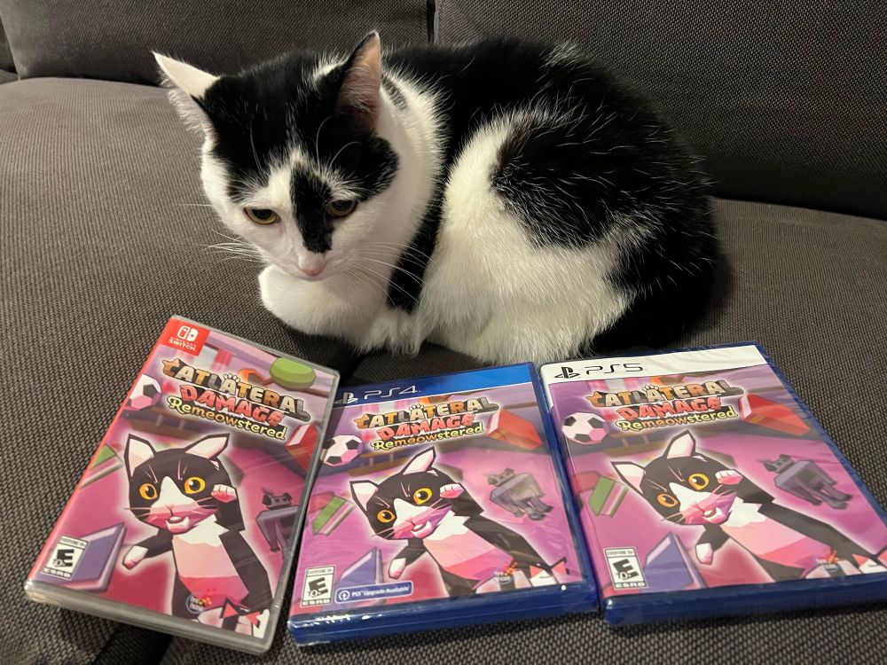 Individual physical copies of Catlateral Damage: Remeowstered for Nintendo Switch, PS4, and PS5 in front of a black and white Manx cat