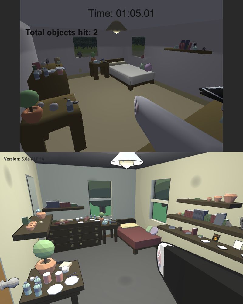 Another before and after shot of different prototype builds. The top is the original and the bottom is the updated version with better toon shading and outlines
