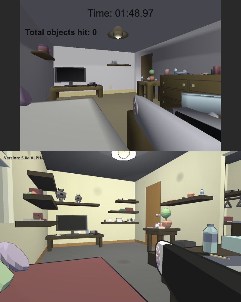 A before and after shot of different prototype builds. The top is the original and the bottom is the updated version with better toon shading and outlines