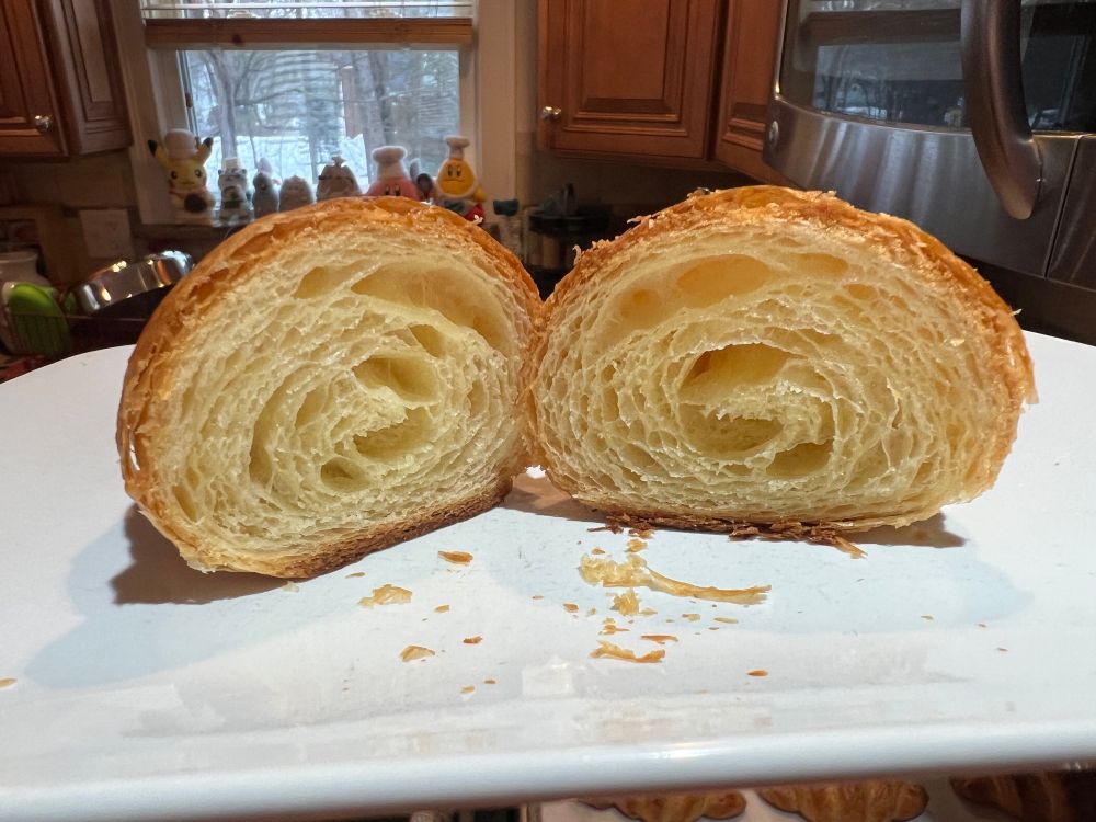 A cross section of a croissant with some good gaps between the layers