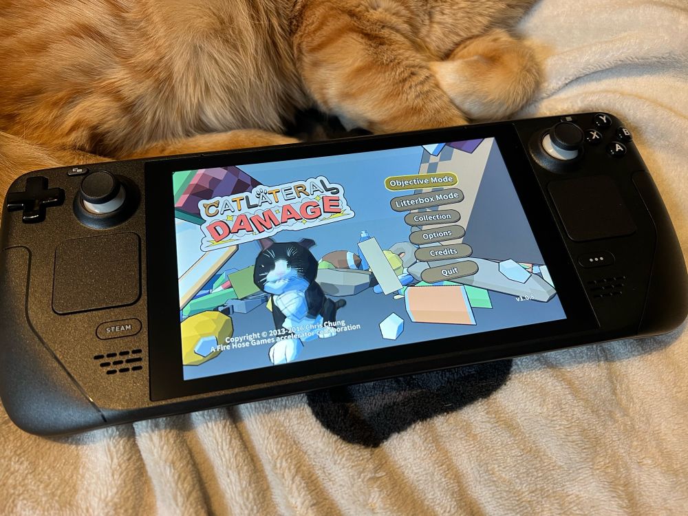 My first game, Catlateral Damage, running on a Steam Deck next to an orange tabby cat