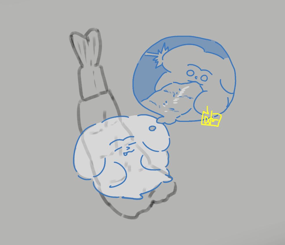 doyoynyのオリジナルキャラクター「イクサ（IKUSA）」が、海老の刺し身の上で涎を垂らして眠っており、夢の中でも海老の刺し身を齧ってその美味しさに衝撃を受けているラフなイラスト