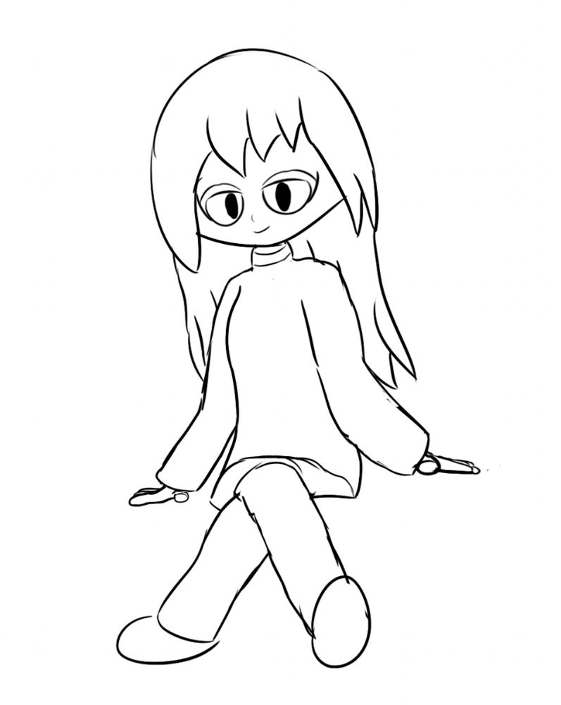 An unnamed female OC sits with her legs crossed and looks at you.