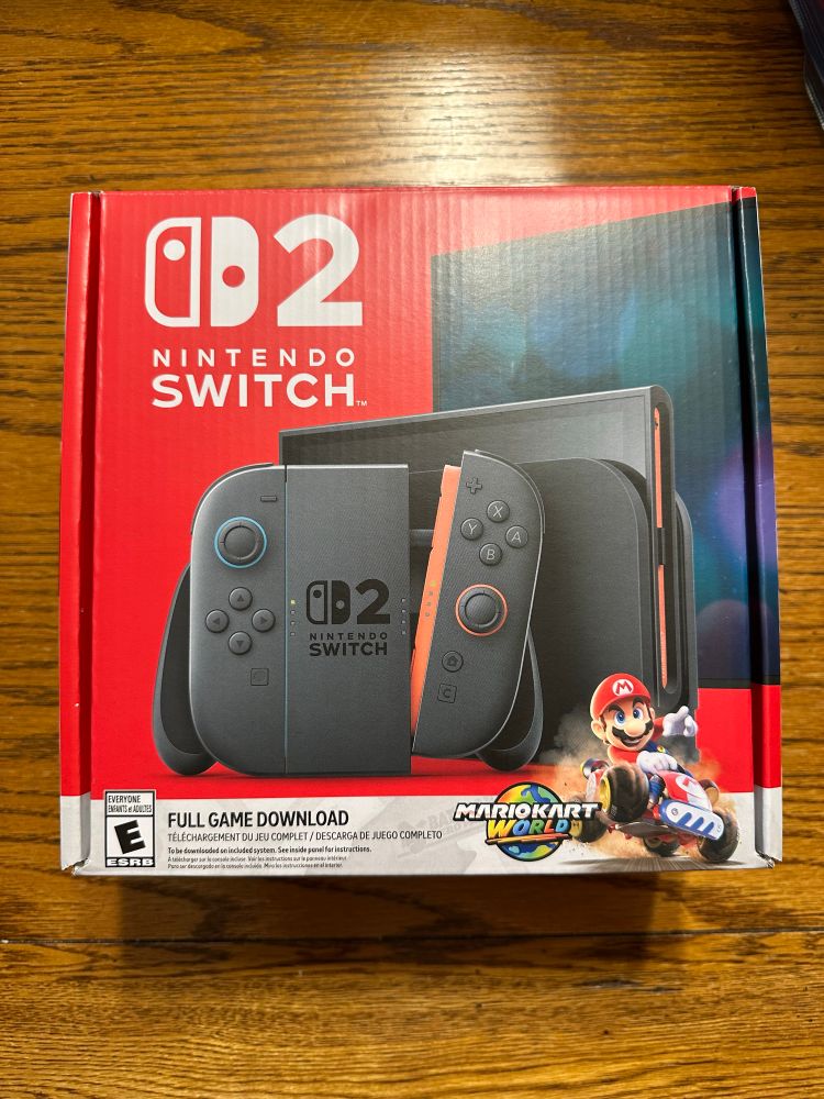 A Nintendo Switch 2 box with a Mario Kart World render of Mario at the bottom