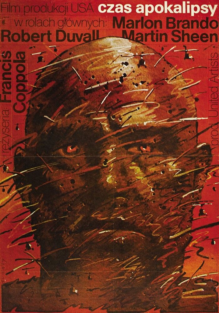 Film poster for "Apocalypse Now" with an oil painting of Marlon Brando. There are many scuffs and brush marks across his face