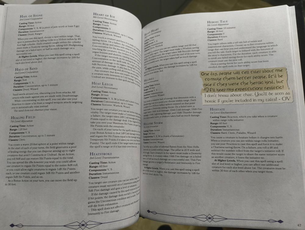 A preview of a few spells, including Hail of Stone, Halo of Sand, Healing Field, Heart of Ice, Heat Leech, Heatstroke, Heavy Heart, Hell Ball, Hellfire Storm, Heroic Tale, and Hesitate. Also included on the pages is one of many quip exchanges from Caramip and Offalon. Caramip says "one day people will tell tales about me to make them better people. It'd be nice if they were the heroic kind, but I'll keep my expectations realistic!" To which Offalon writes, "I don't know about that. You'll be seen as heroic if you're included in my tales!". Caramip has messy handwriting and playfully signs off with a little doodle of herself, while Offalon signs off with an "O.V." and has neater writing.