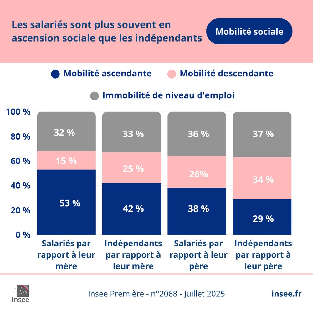 Les salariés sont plus souvent en ascension sociale que les indépendants : 53 % des personnes salariées, femmes et hommes, sont en mobilité ascendante par rapport à leur mère, quel que soit son statut professionnel, contre 42 % des personnes indépendantes 