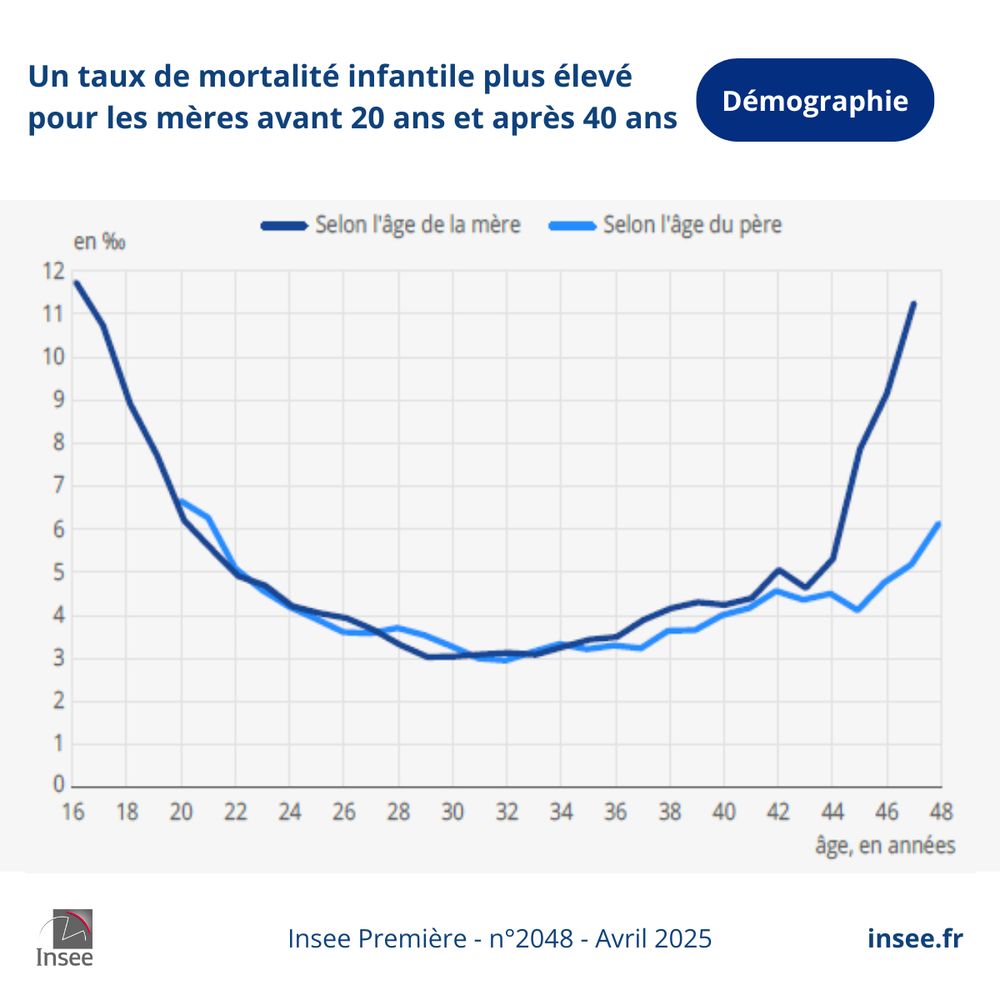 Sur la période 2004-2022, en moyenne, le taux de mortalité infantile est inférieur à 4 ‰ pour les mères âgées de 26 à 37 ans, et inférieur à 5 ‰ pour celles âgées de 22 à 43 ans. Il est supérieur à 5 ‰ pour les mères très jeunes (21 ans ou moins) ou très âgées (44 ans ou plus). Le maximum est atteint à 16 ans, avec un taux de 11,7 ‰, puis à 47 ans, avec un taux de 11,3 ‰, soit trois fois plus que la moyenne. À caractéristiques égales (sexe de l’enfant, âge du père, catégorie sociale, lieu de naissance et de résidence de la mère), le risque de perdre son bébé avant son premier anniversaire demeure plus élevé pour les mères très jeunes ou très âgées. Chez les plus jeunes, un moins bon suivi des grossesses peut contribuer à augmenter ce risque. Quant aux mères plus âgées, elles sont plus souvent confrontées à des pathologies préexistantes ou des complications au cours de la grossesse, ainsi qu’à des grossesses multiples ou des anomalies congénitales