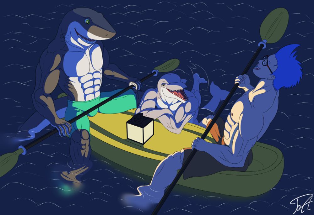The friends close the summer season enjoying the sea, at midnight everything is very calm.
You have the good company of a shark and a charismatic dolphin. you couldn't ask for anything better 🥹
