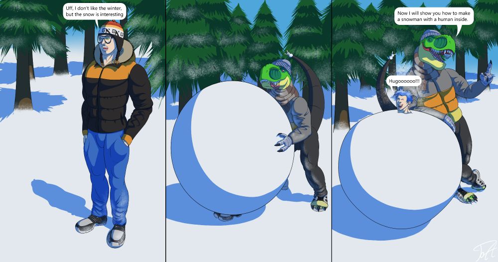 While it's summer in other parts of the world, here in Argentina it's winter, and why not exaggerate it? 😉
Hugo and Julius are playing in the park after heavy snowfall the day before. 
Julius never likes winter, but he finds the snow kind of interesting. And Hugo... well, he's just being Hugo as always 🤣
I hope you like it 😁