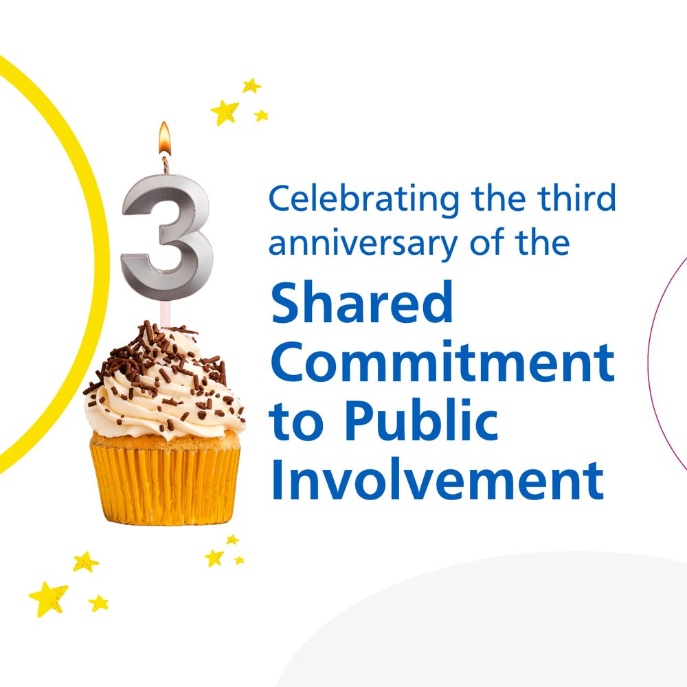 It says, 'Celebrating the third anniversary of the Shared Commitment to Public Involvement.' An image of a cupcake with a number 3 shaped candle is left.