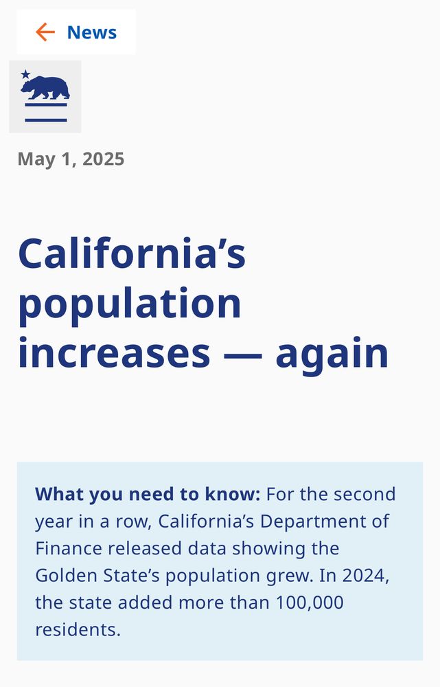 News article reading: California's population increases - again. What you need to know: For the second year in a row, California's Department of Finance released data showing the Golden State's population grew. In 2024, the state added more than 100,000 residents.