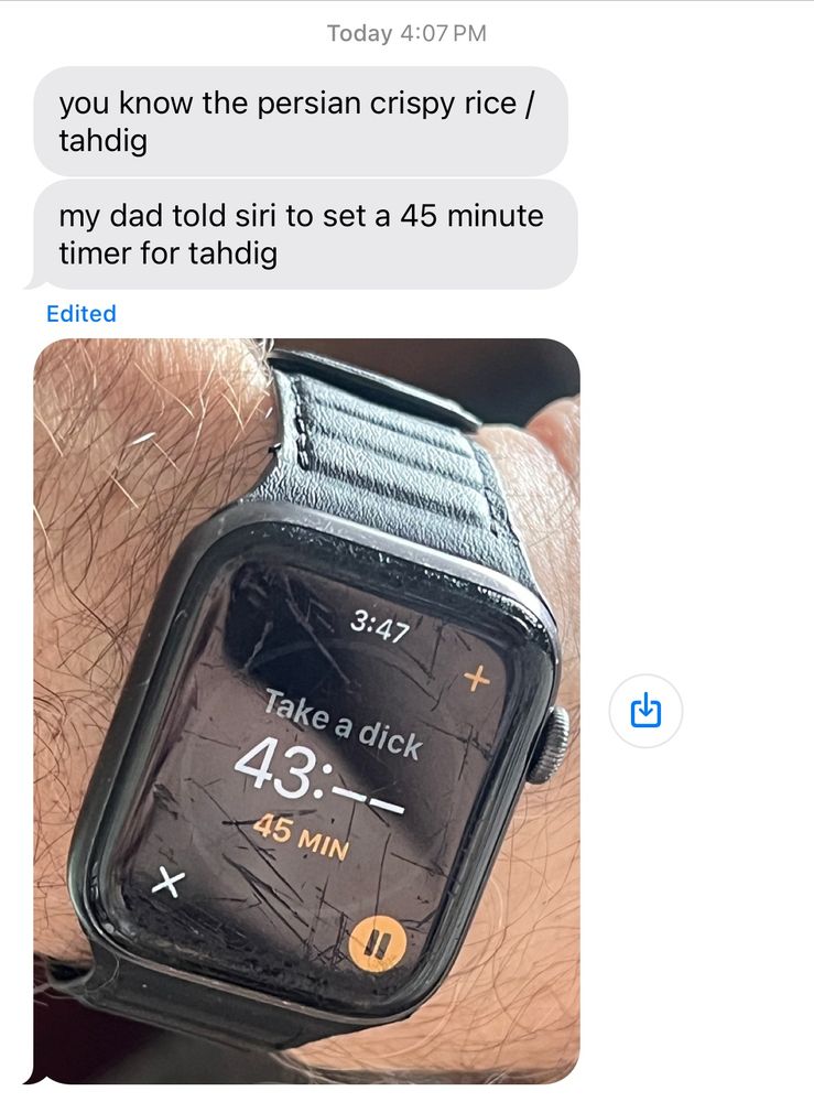 text from a friend: "you know the persian crispy rice / tahdig. my dad told siri to set a 45 minute timer for tahdig"
followed by a photo of his smart watch that says "take a dick, 45 min"