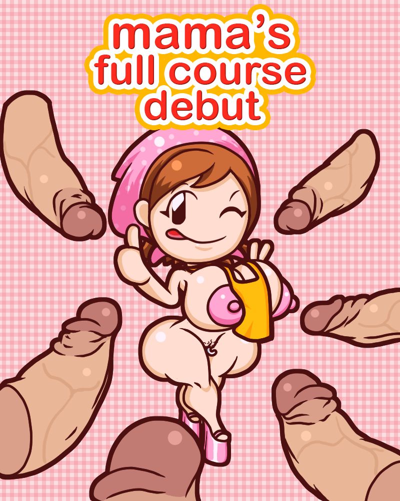 A taller, curvier Mama from Cooking Mama in high heels posing for the camera, surrounded by eager penises. Above her, the text reads "Mama's Full Course Debut".