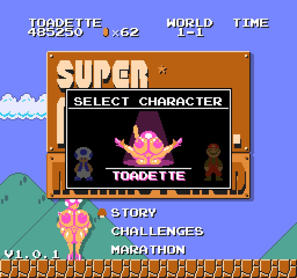 A taller, bustier and naked Toadette spreading her legs open on the character selection screen.