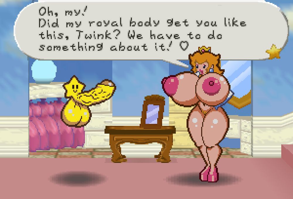 A very tall Paper Peach from Paper Mario 64 posing alongside Twink, who has a massive cock and balls. The Princess is saying: "Oh, my! Did my royal body get you like this, Twink? We have to do something about it!"