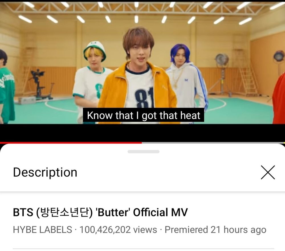 Screenshot of Butter Music Video showing 100,426,202 views