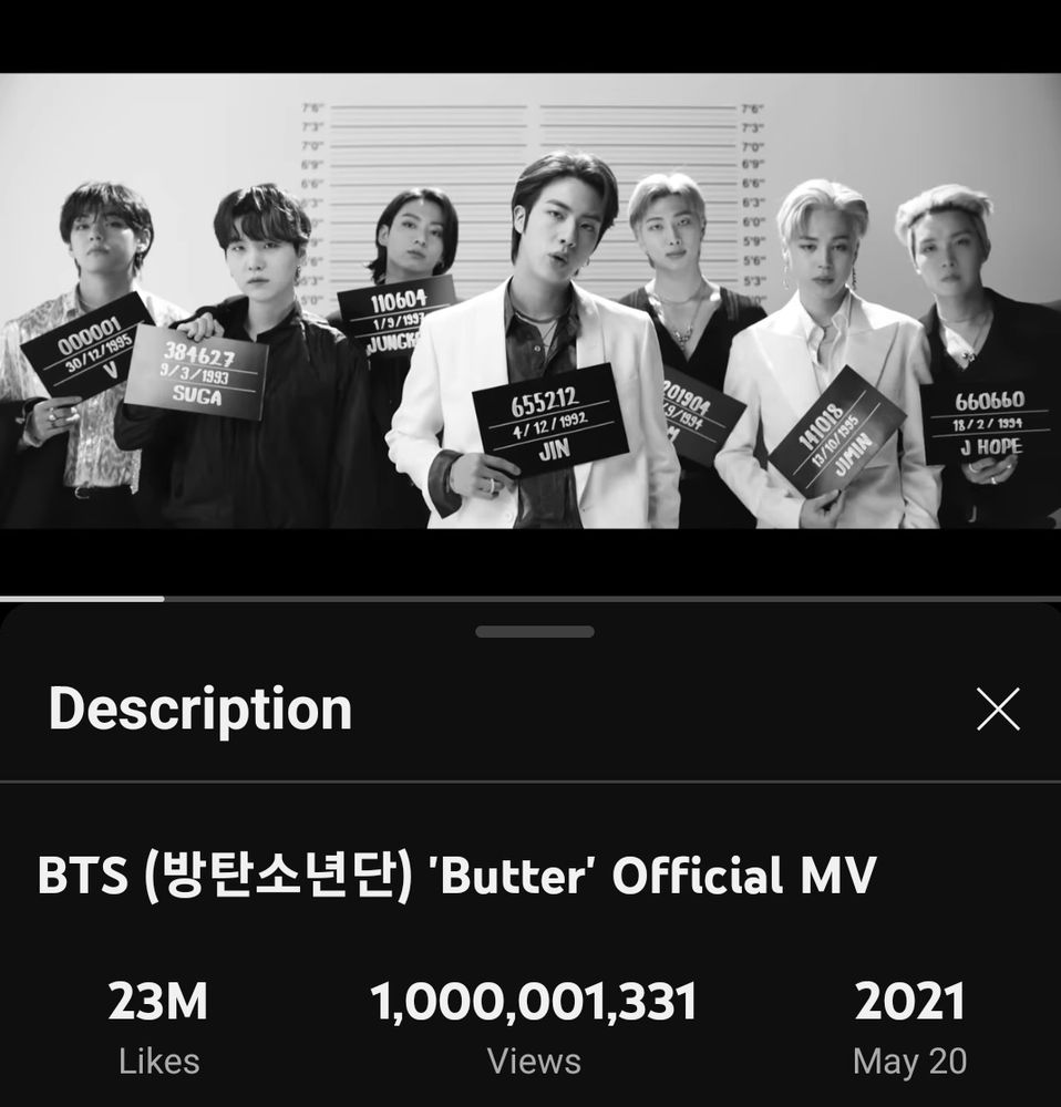 Screenshot of Butter Music Video showing 1,000,001,331 views