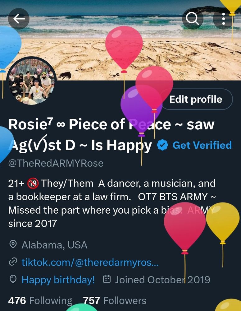Screenshot of @TheRedARMYRose's xwitter profile with balloons