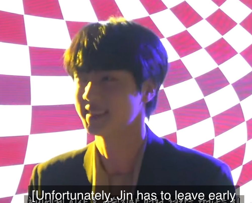 Seokjin from the Jack In The Box release party with a caption that says "Unfortunately, Jin has to leave early."