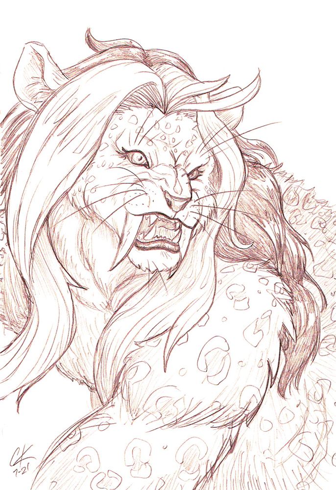 An anthropomorphic snow leopard with long humanlike hair whips their head to one side. Their face is wrinkled in a snarl as they bare a pair of finger-length saber fangs. Their eyes are fixated on whatever has provoked them