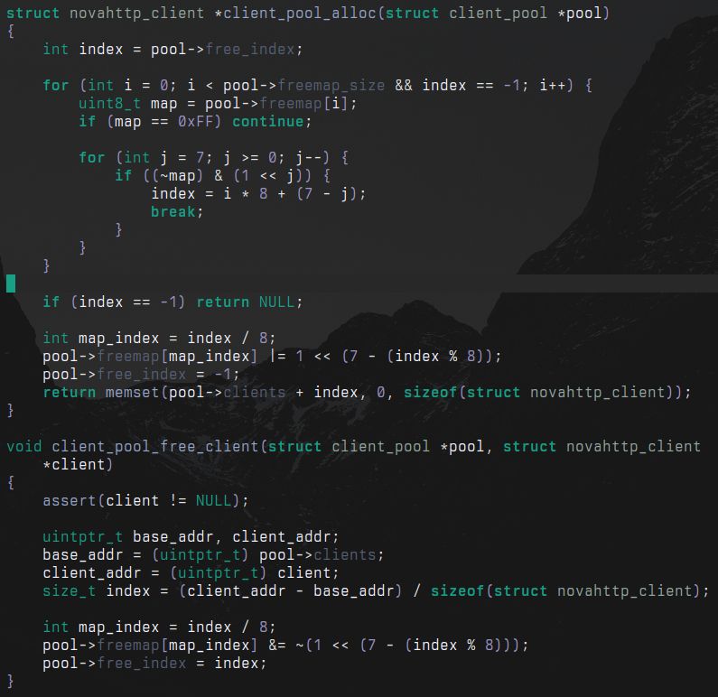 screenshot of C code implementing object pool using free bitmap and caching last freed object