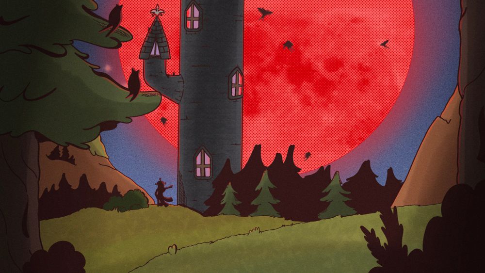 A red moon can be seen behind a straight, big tower, with black, flying creatures looming around.

The silhouette of a girl, Seléne, can be seen pointing at it. 