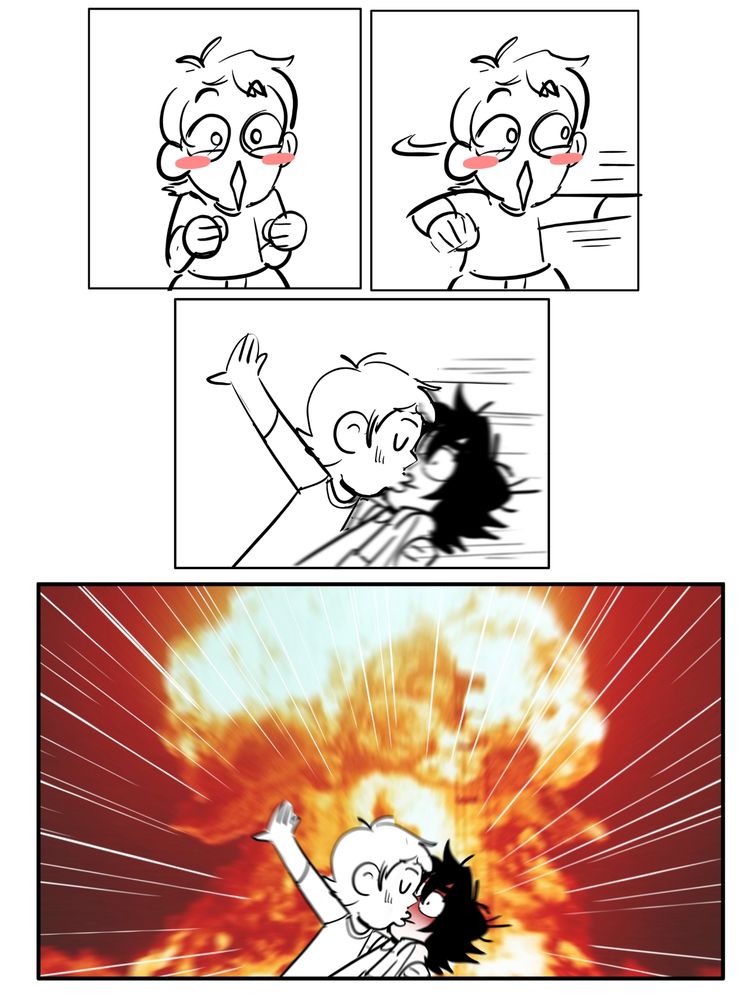 little klance comic with a very excited Lance who reaches out of the frame and brings kiss lanting him a kiss in the mouth while there is an epic explosion in the back at the realisation that yes, they are kissing

