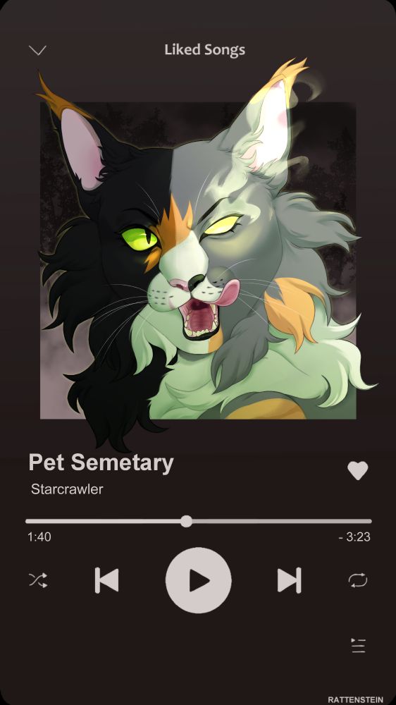 a large female maine coon sits in the middle of a spotify player. she is calico, one half of her body being black and rust-orange, the other half grey and pale orange. Her eyes are green, the one on the grey side having no pupil and emitting ectoplasm. she is licking her open mouth, revealing a scarred lip where her tooth is missing. The spotify player reads "Pet Semetary - Starcrawler and the timestamp is 1:40 out of 3:23