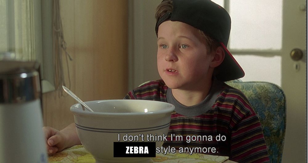A character from the movie Orgasmo vowing never to do Hamster style anymore. The word "hamster" has been covered over and replaced with the word "Zebra"