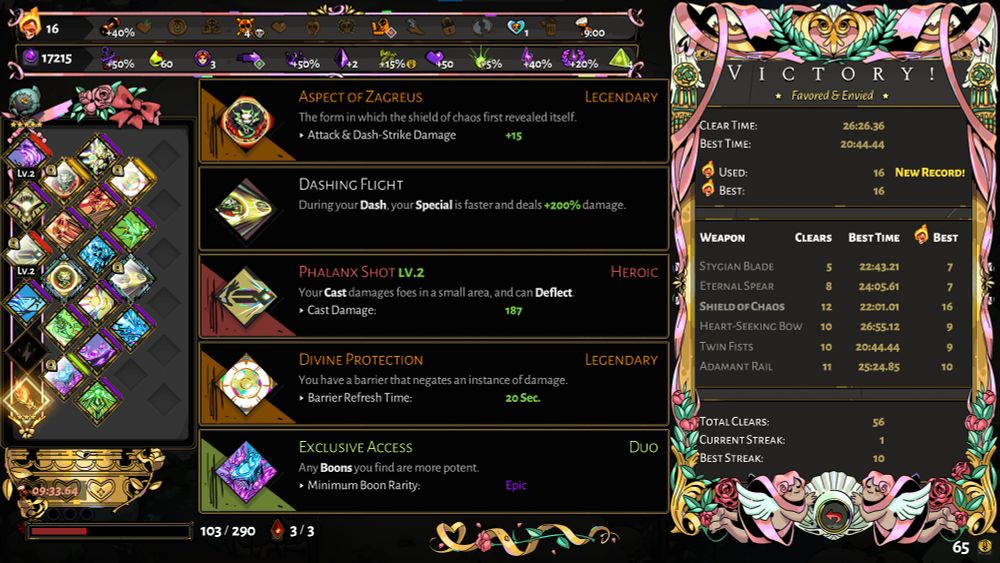 The final screen of a run of Hades that shows your boons and stats. This is the last one of these I'll see for a while. 