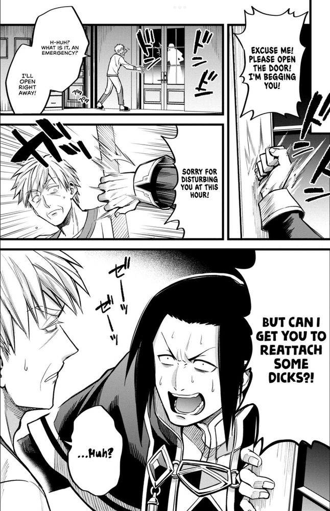 Another adventurer wakes a doctor in the middle of the night, begging him to help reattach his friends’ dicks.