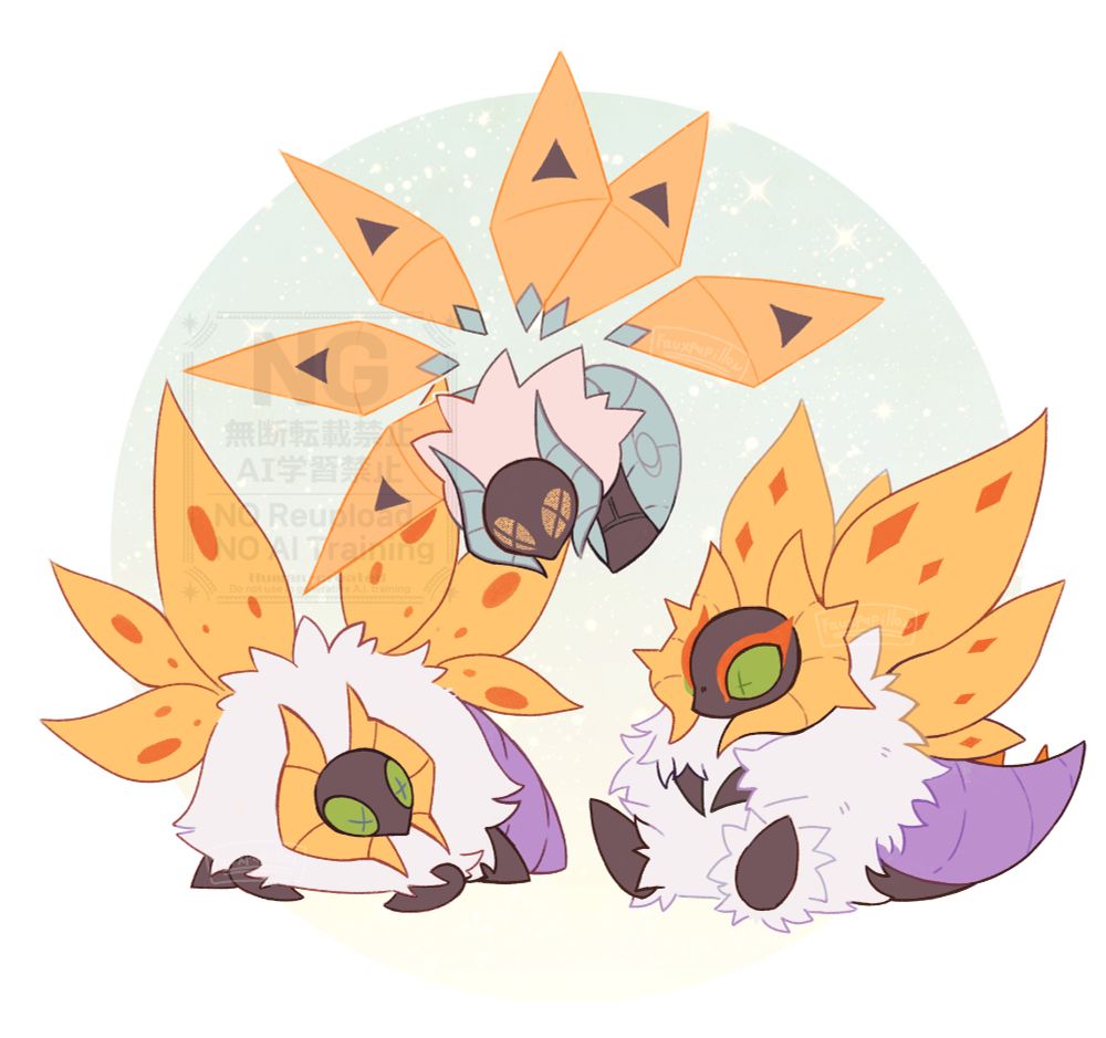 A simplified drawing of three Pokemon. Volcarona, It's paradox form Iron Moth, and it's other paradox form: Slither wing. All of them have their shiny color variation which mainly are yellows with green eyes.